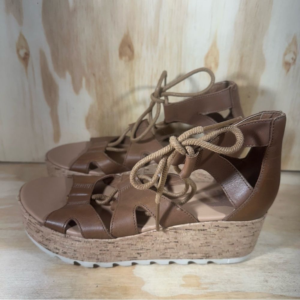 Sorel Cameron Flat Form Brown Lace-Up Cork Wedge Sandals Women’s Size 8.5